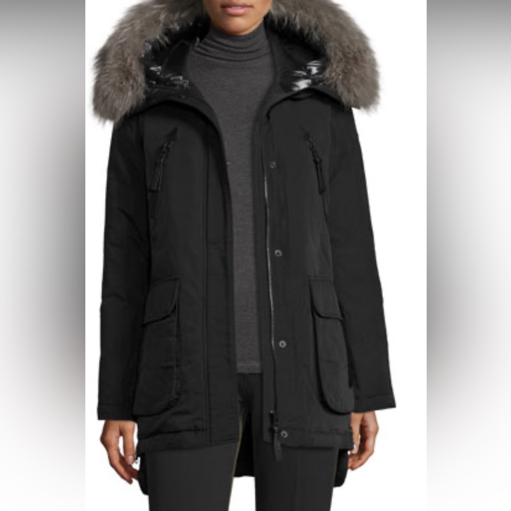 🔥🔥DEREK LAM 10 CROSBY Long Fur-Trimmed Hooded Puffer Coat, Black